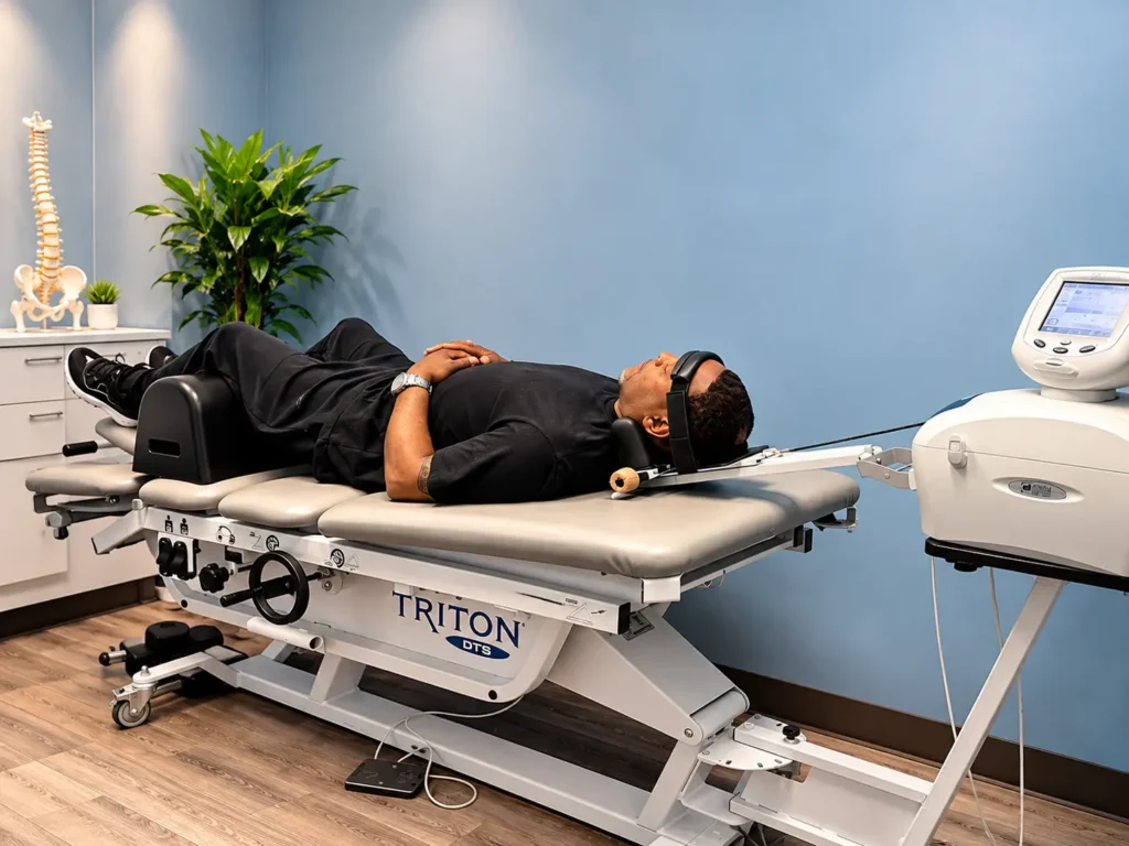 Patient receiving DTS Spinal Decompression therapy at Lone Star Goodlife in Pearland, TX