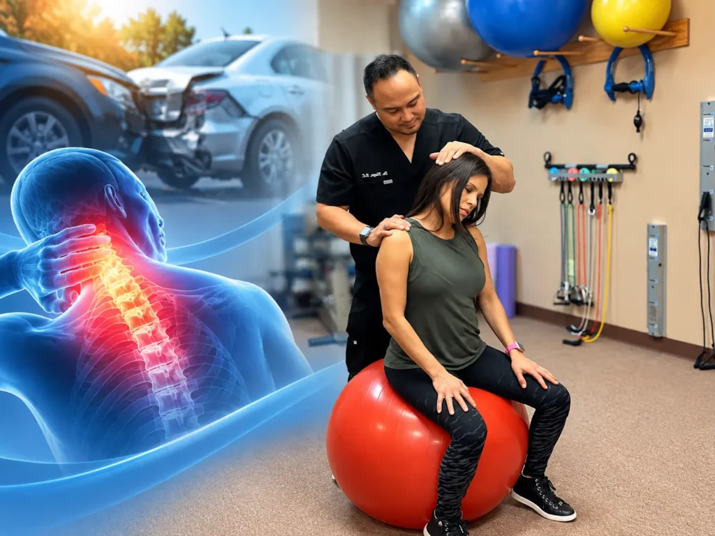 Auto injury care illustration showing a car accident and a practitioner evaluating a patient's neck.